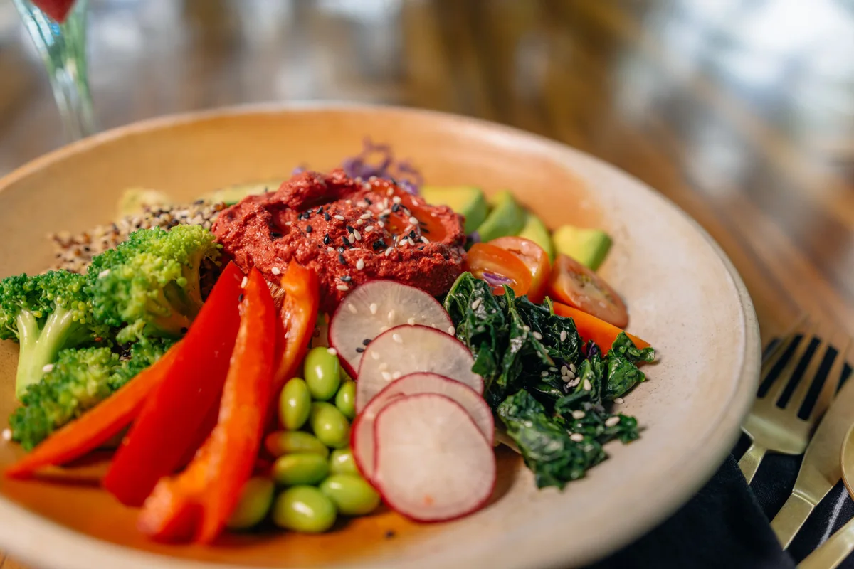 Colorful plant based dish at Moksa